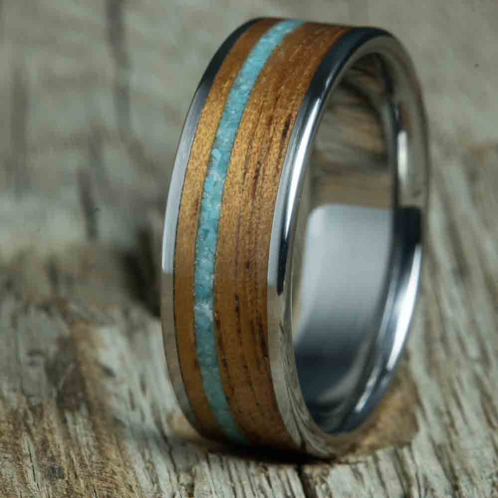 Titanium ring with Koa and turquoise pinstripe