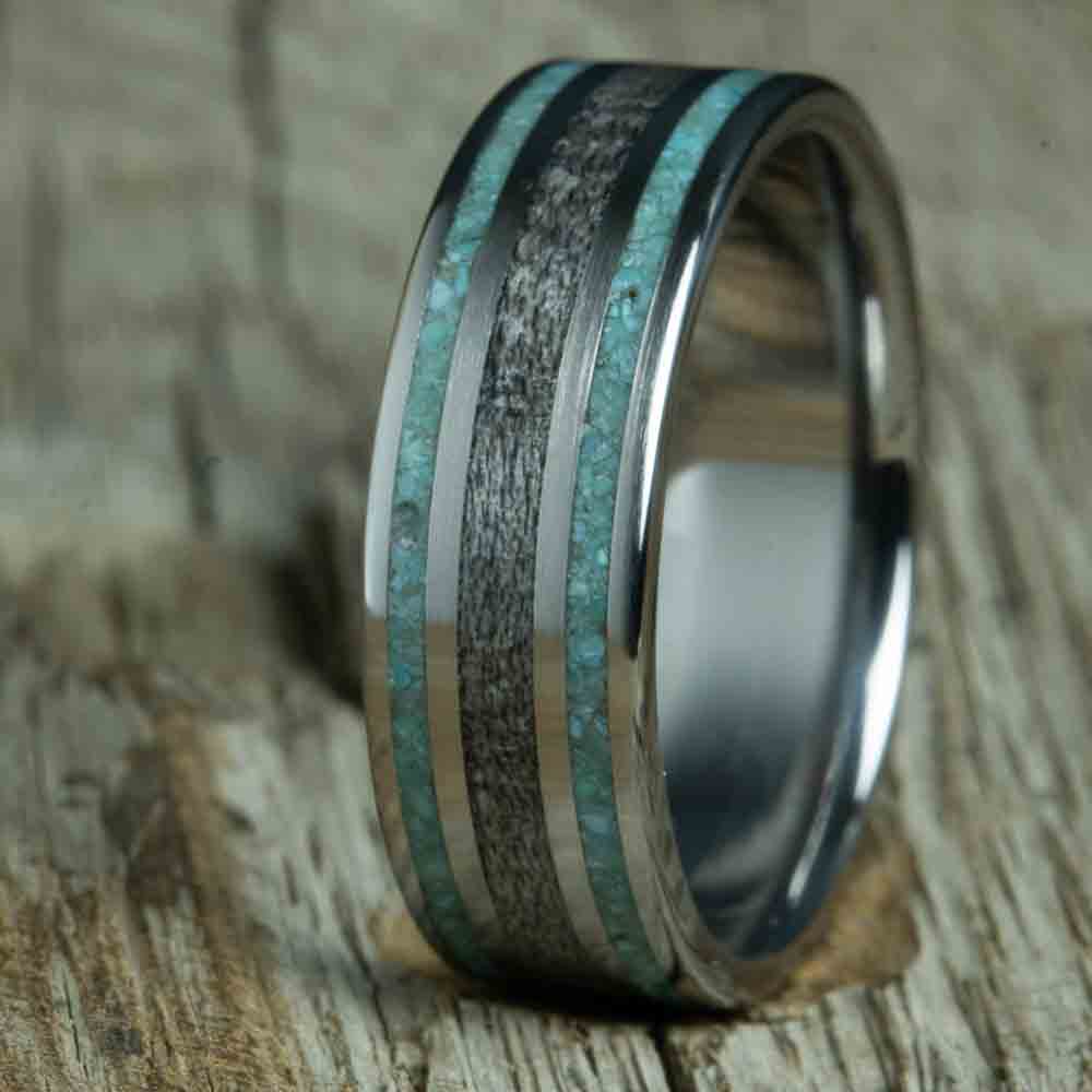 titanium mens ring with turquoise and weathered barnwood