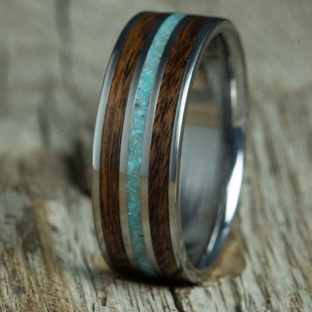 titanium ring with turquoise center stripe and rosewood inlays
