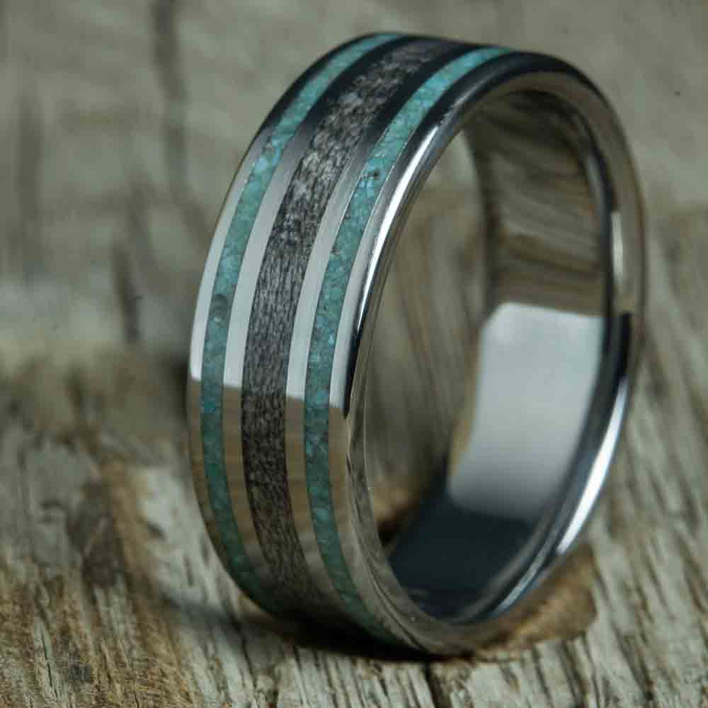 Titanium mens ring with turquoise and wood