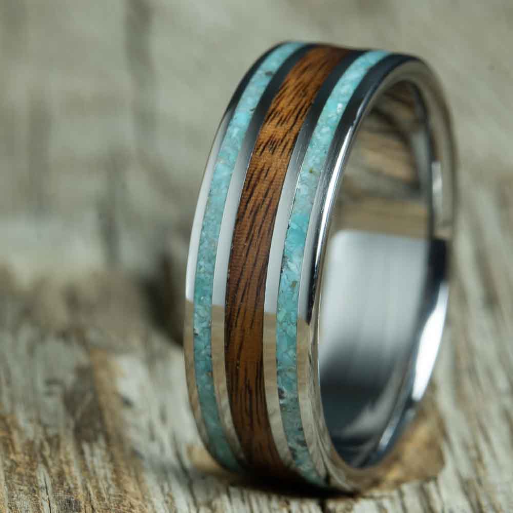 mens wood wedding band with rosewood and turquoise on polished titanium