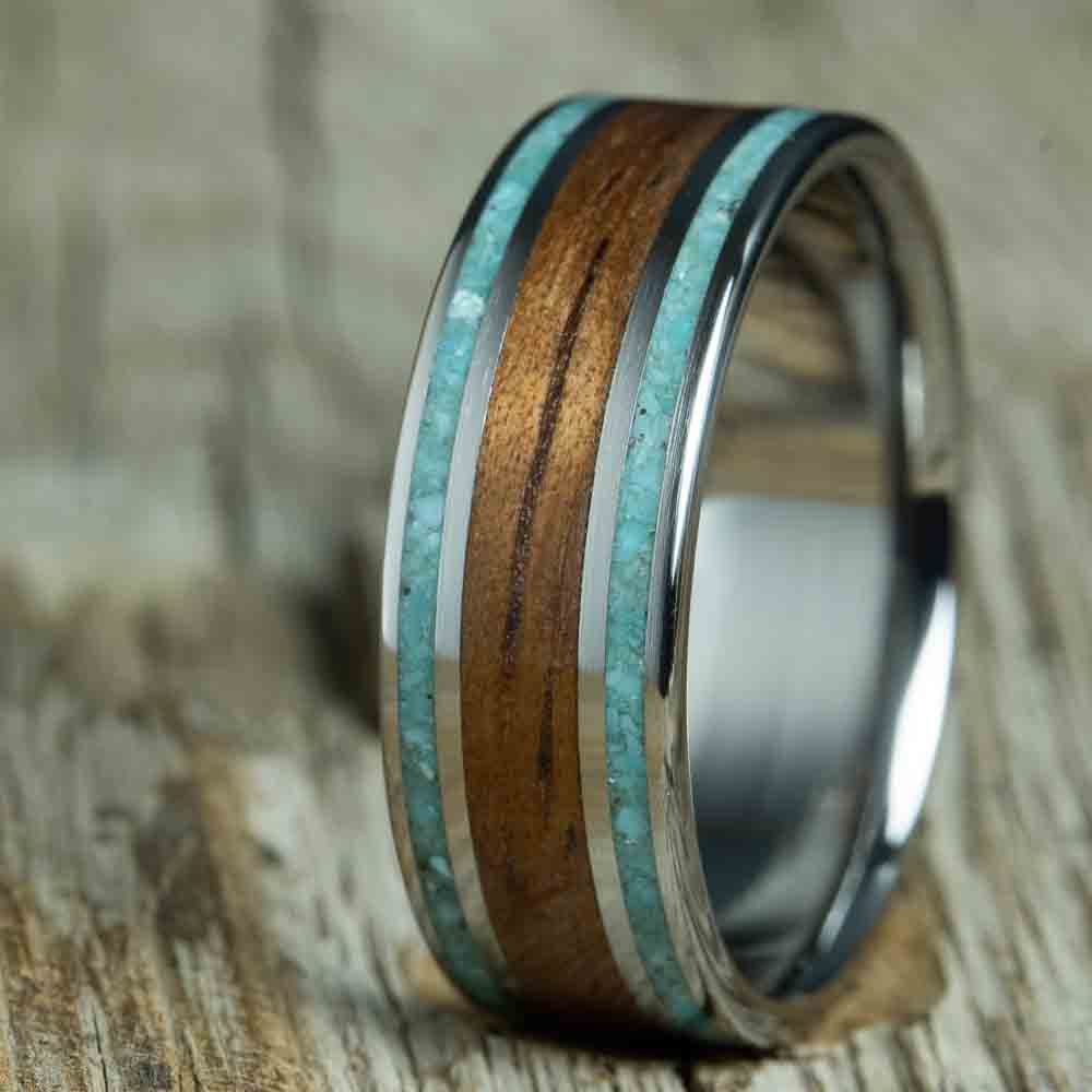 Koa wood and turquoise ring with polished titanium