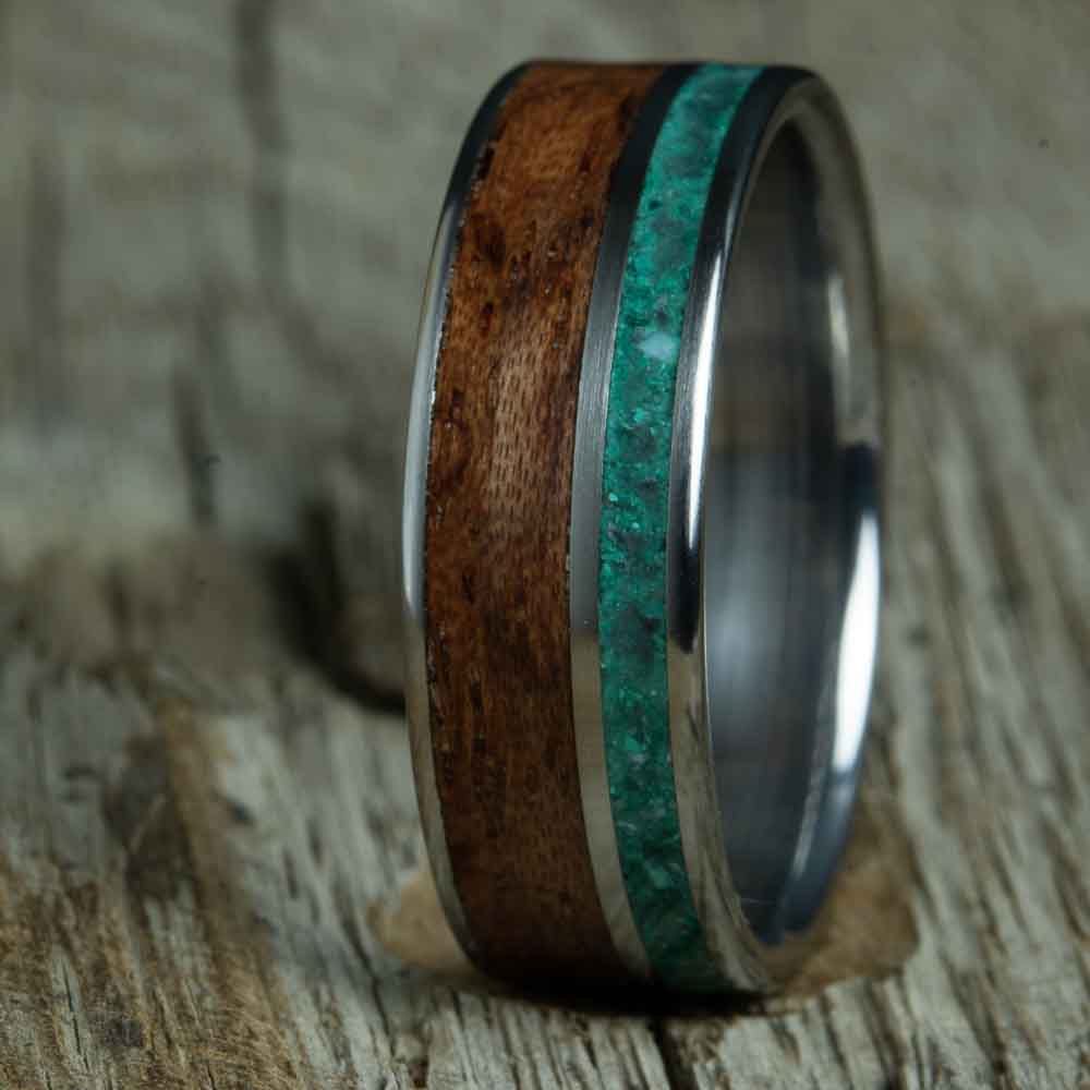 titanium ring with wood and malachite inlay