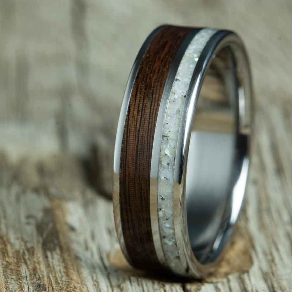 polished titanium with rosewood and mother of pearl inlays mens ring