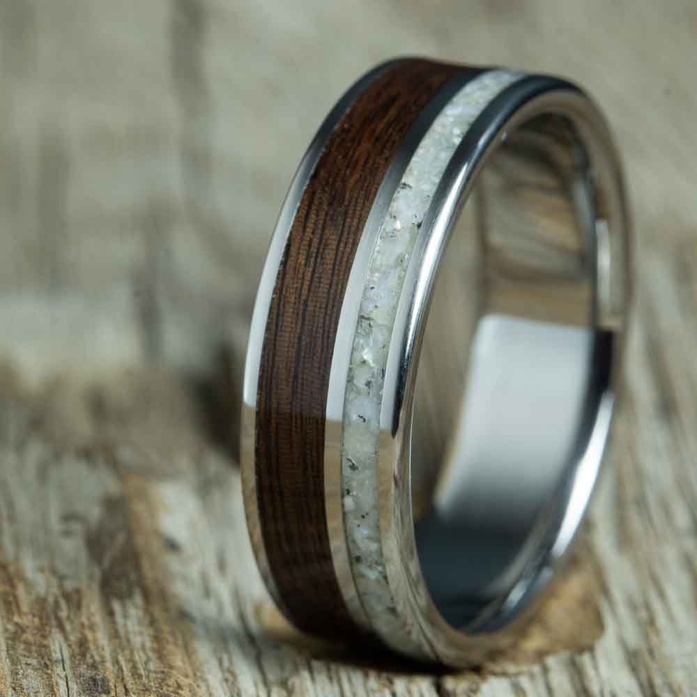2 channel mens wood wedding band with Rosewood and mother of pearl