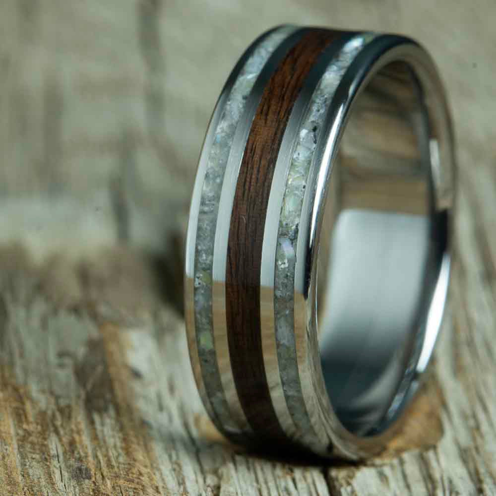 rosewood and titanium ring with mother of pearl inlay