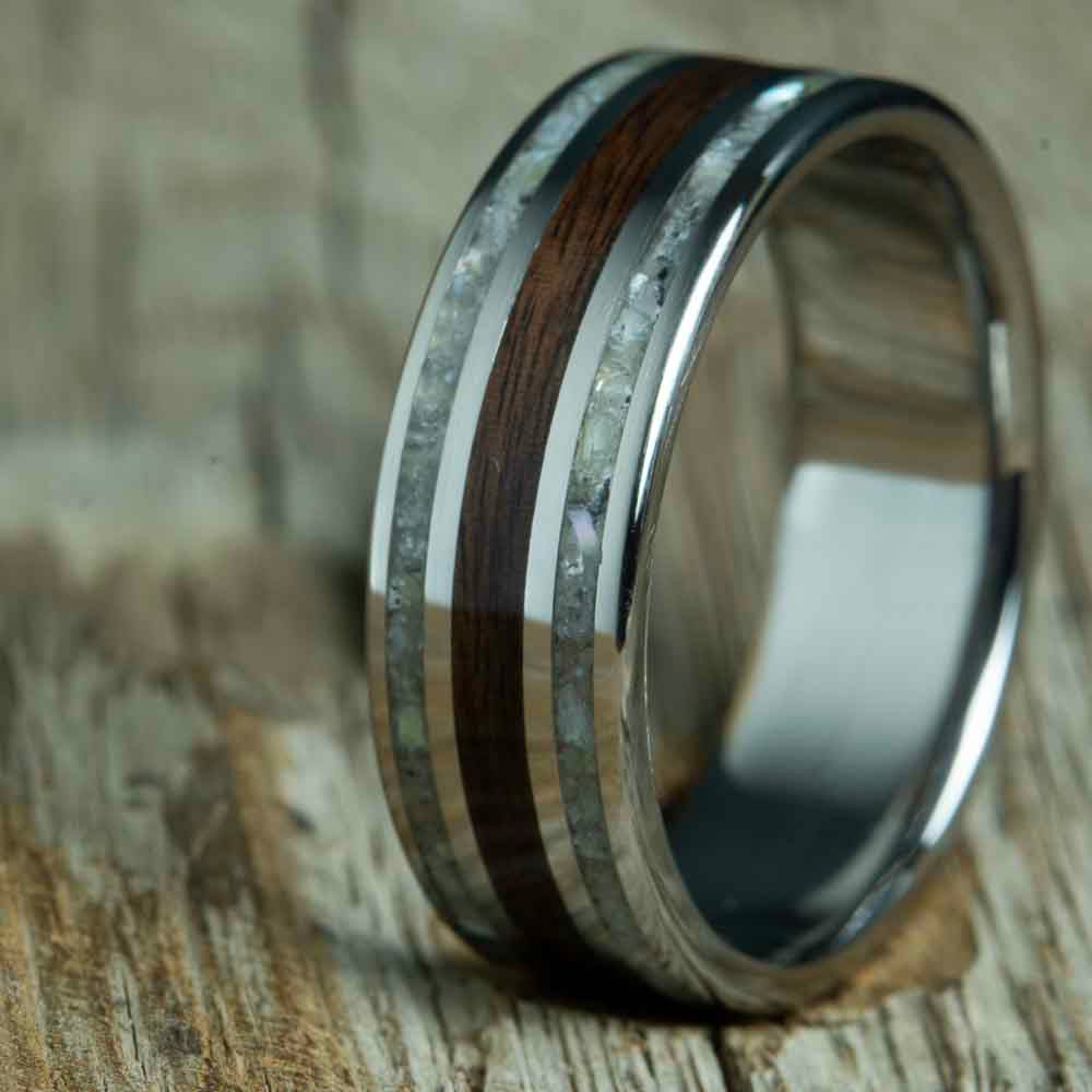 Rosewood and mother of pearl mens wood wedding band