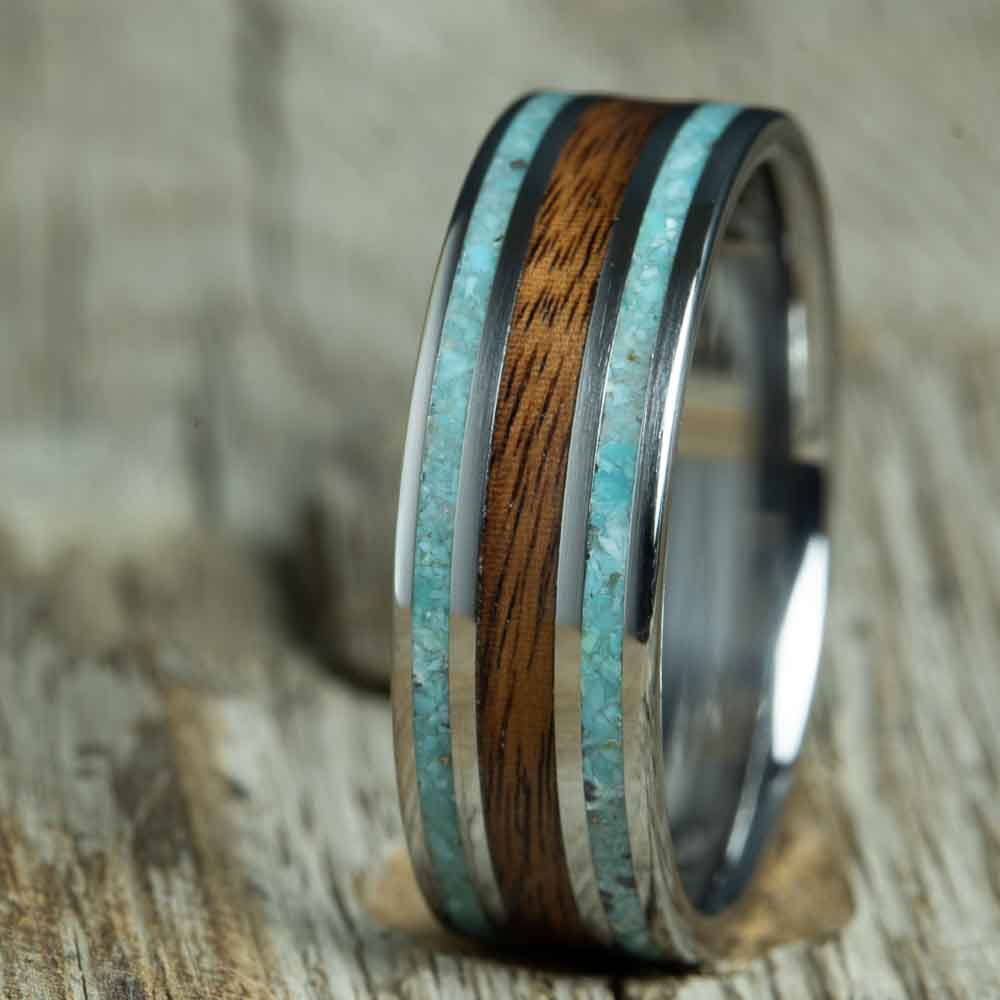Mens wood wedding band with 2 turquoise outer pinstripes and centered Rosewood inlay