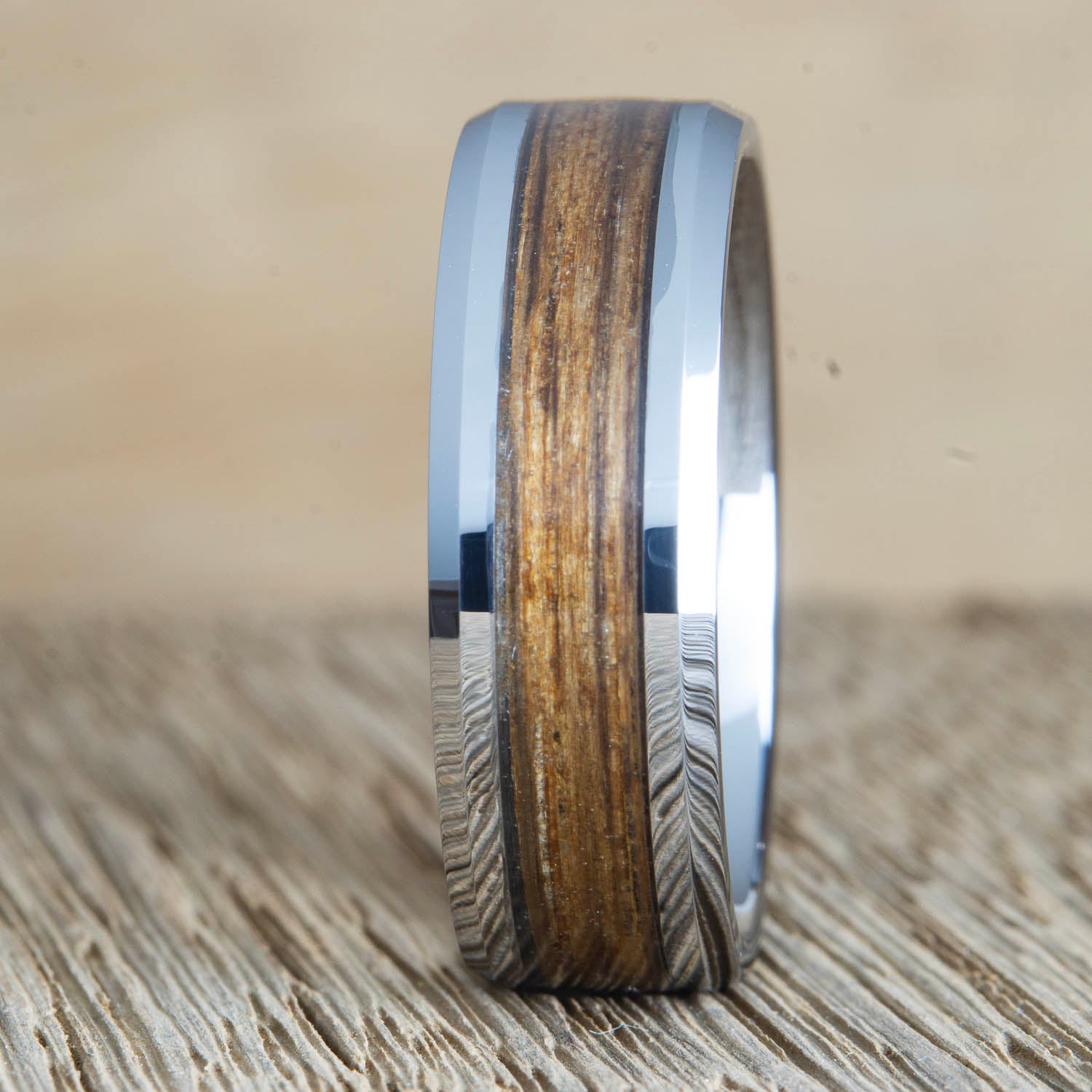 "The rustic barrel" Beveled Tungsten ring with Whiskey barrel wood
