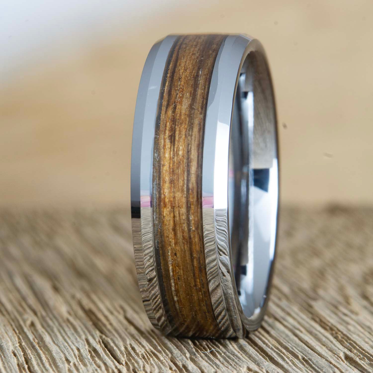 "The rustic barrel" Beveled Tungsten ring with Whiskey barrel wood