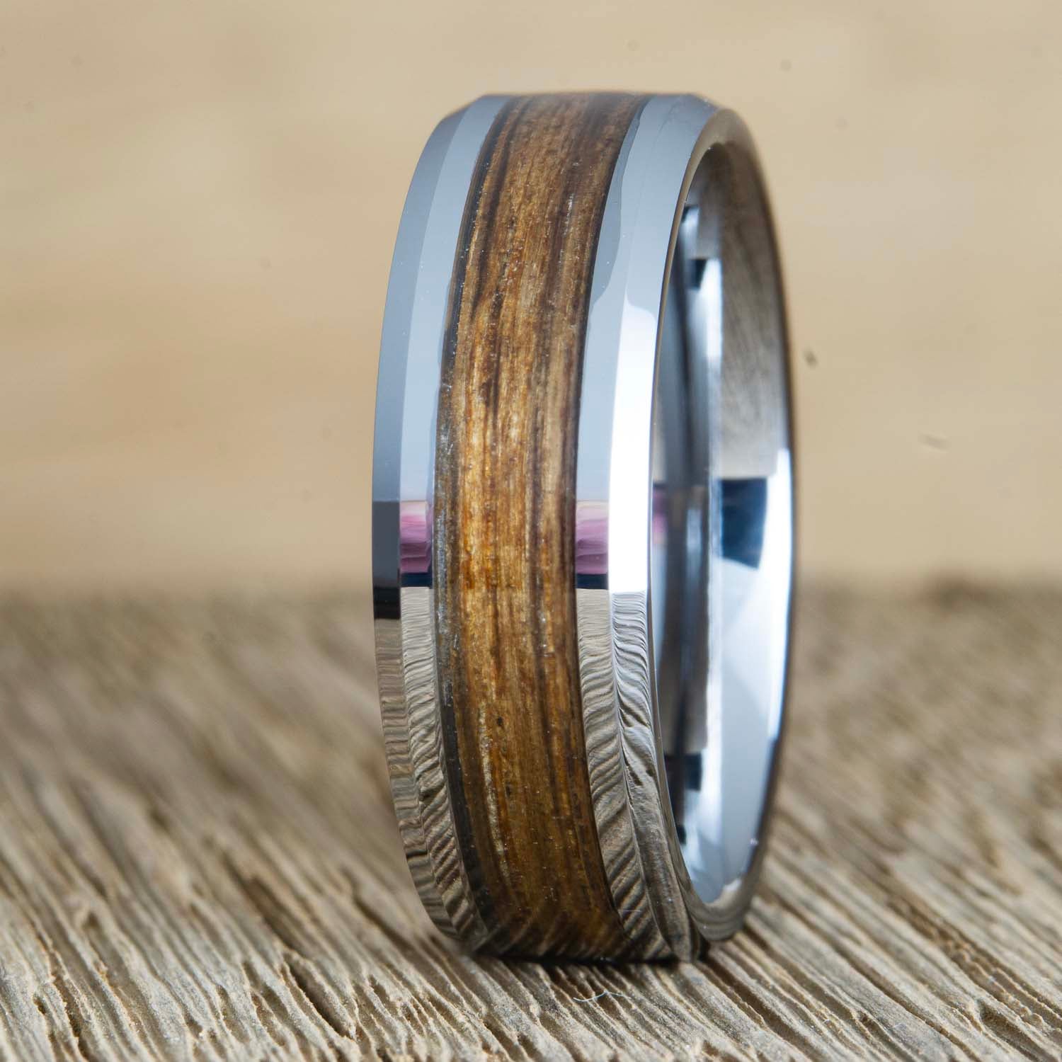 mens tungsten wedding band with whiskey barrel wood
