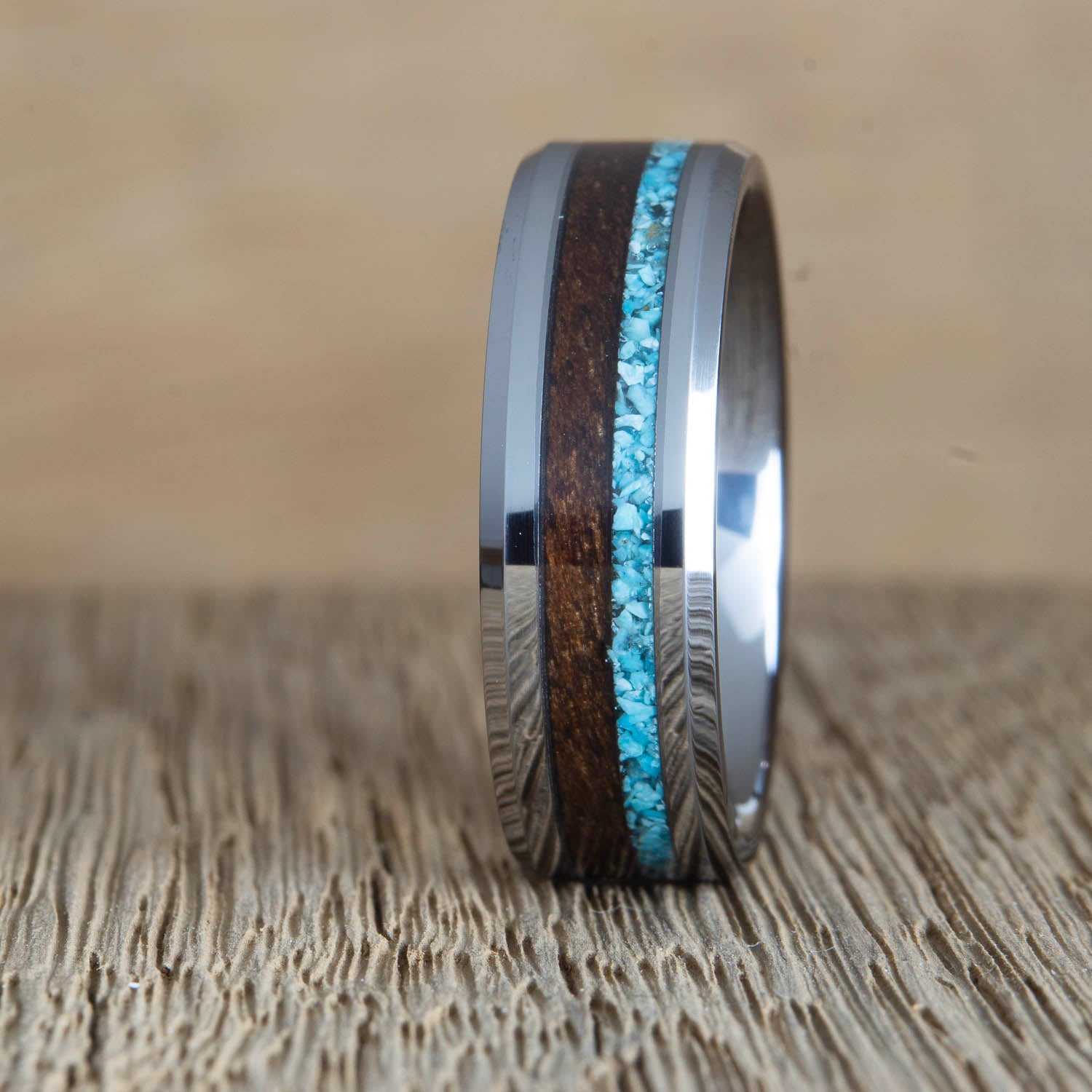 "The Stones in Wood" 8mm mens tungsten ring with turquoise and walnut