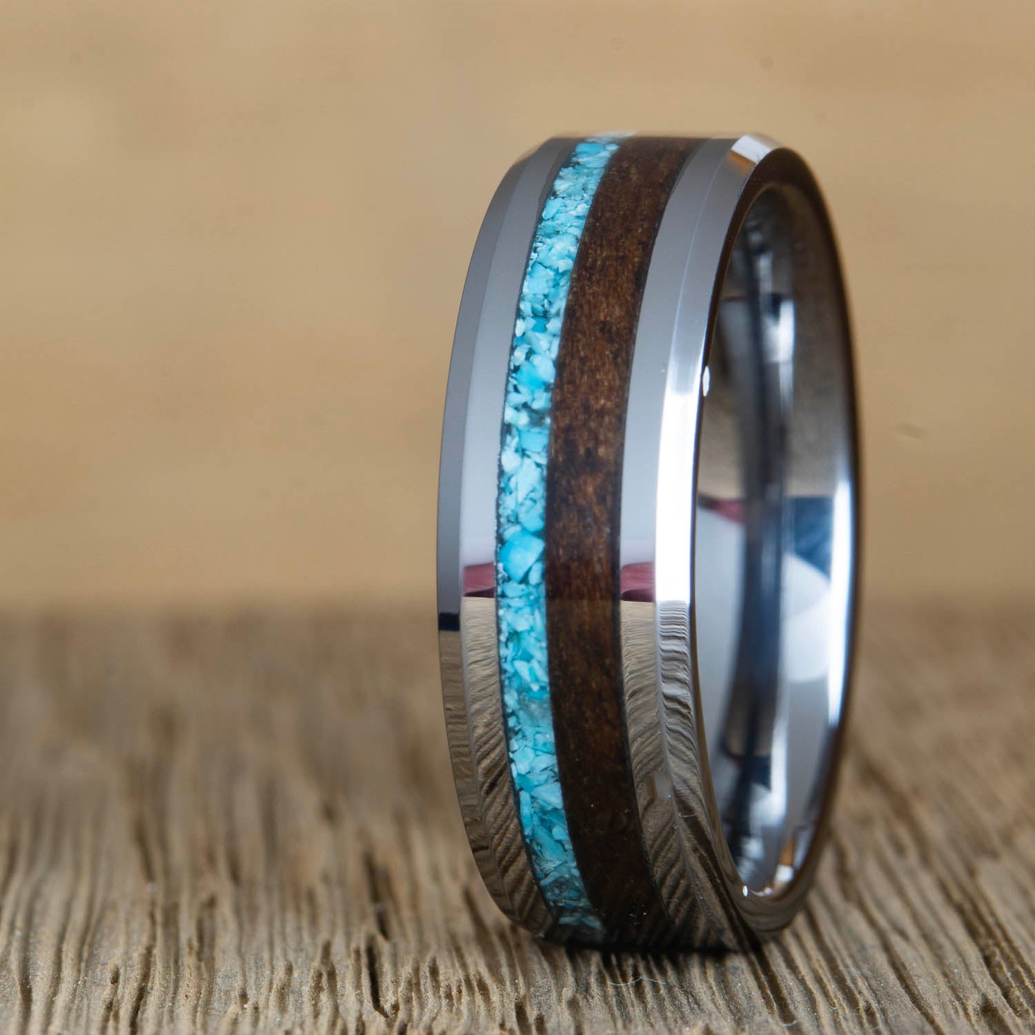 mens 8mm tungsten ring with Walnut wood and turquoise stone inlay