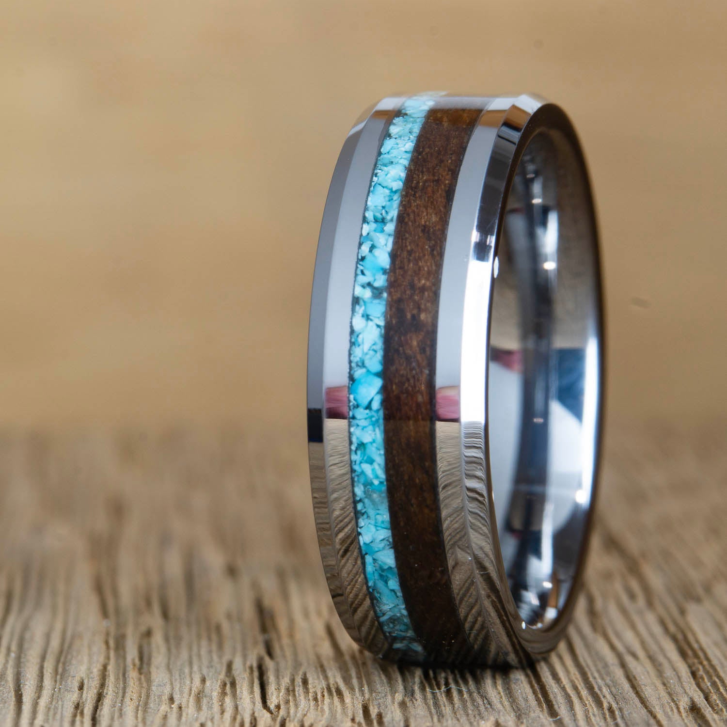 "The Stones in Wood" 8mm mens tungsten ring with turquoise and walnut