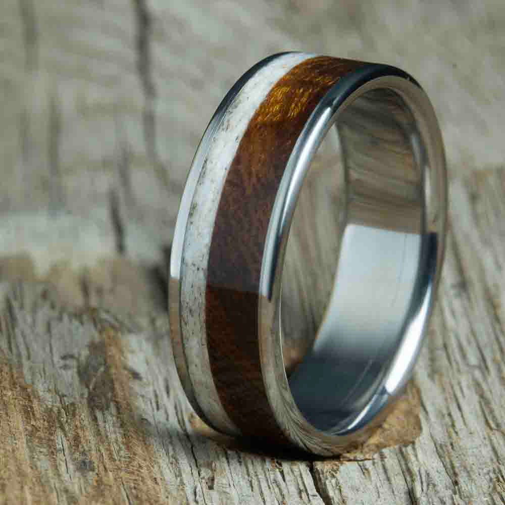 titanium ring with antler and ironwood inlays