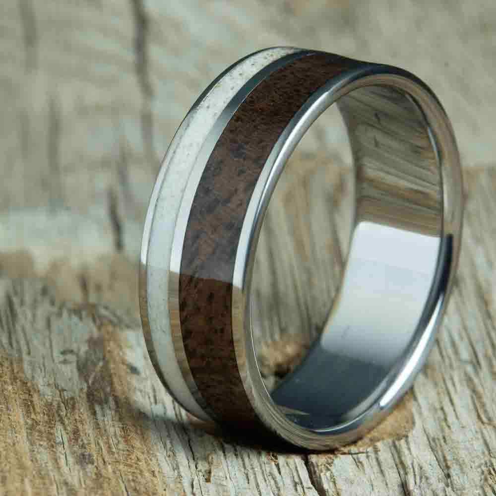 polished titanium ring with antler and walnut wood inlays