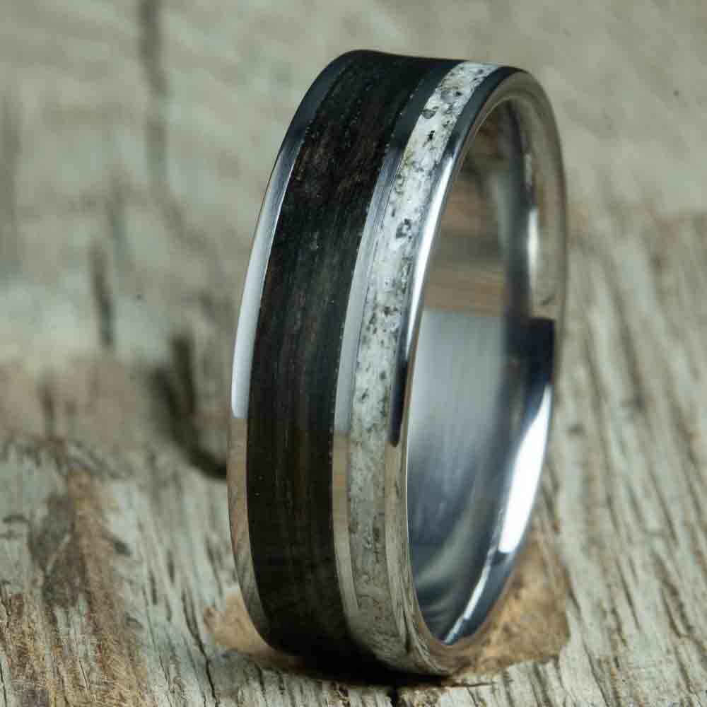 Antler and whiskey barrel wood inlay titanium ring