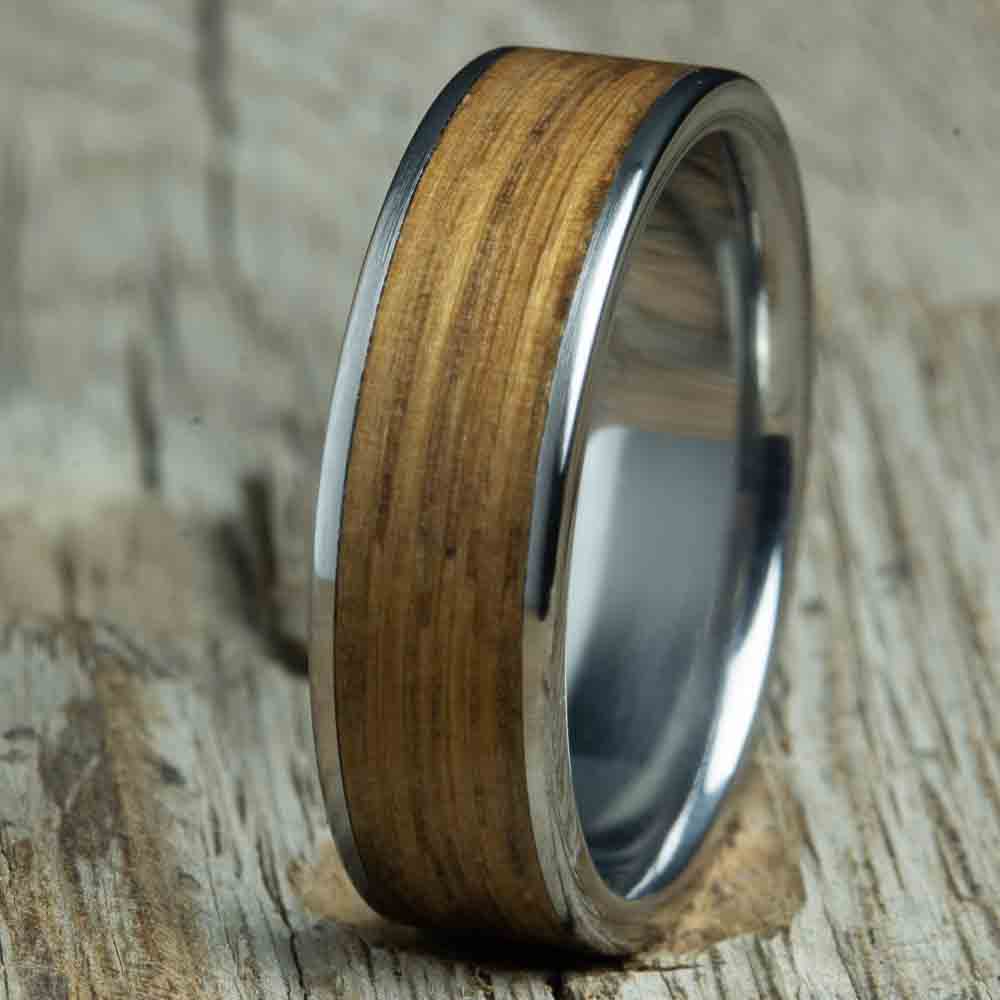2 channel titanium ring with Whiskey barrel wood ring