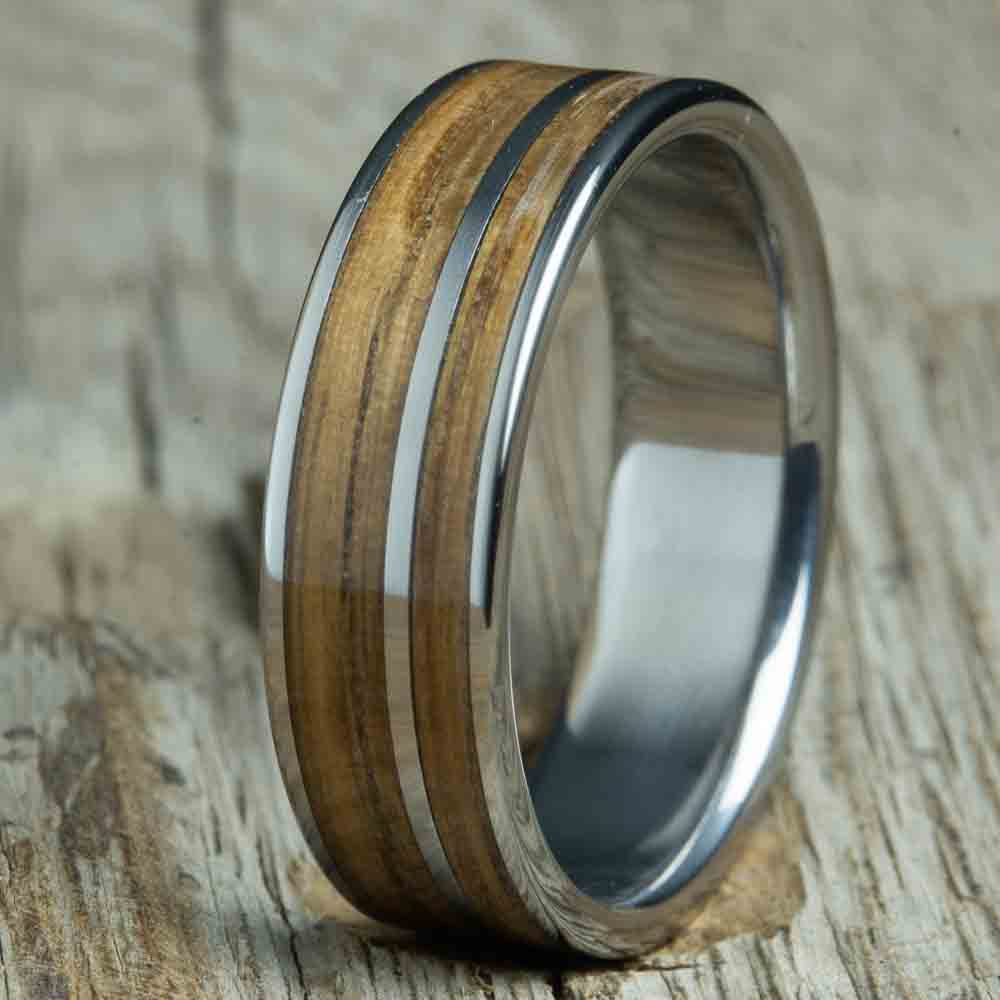 double inlay whiskey barrel wood and titanium ring