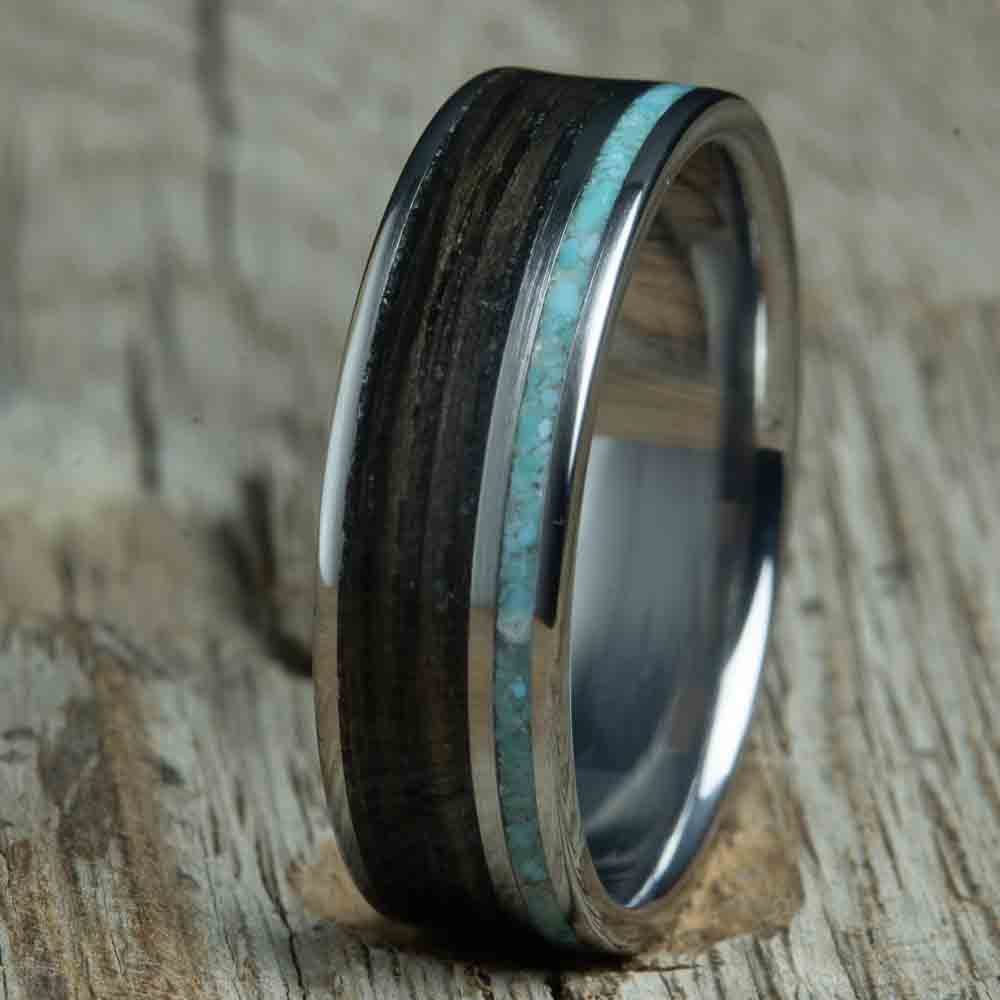 2 channel Titanium with aged Whiskey barrel wood ring with turquoise 7mm ring