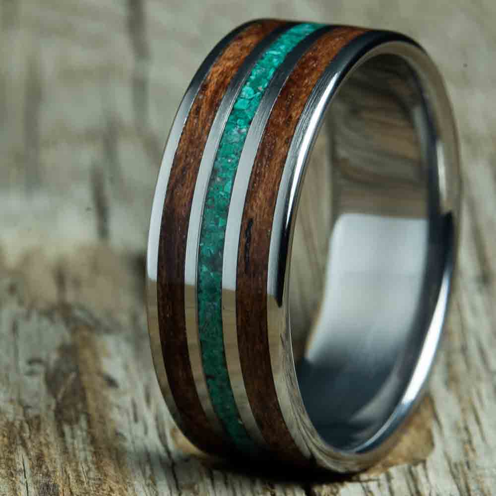 bubinga wood ring with malachite and polished titanium