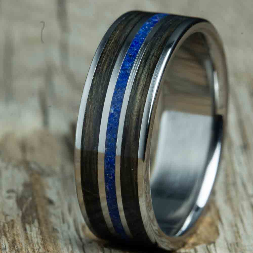 whiskey barrel wood and lapis inlay titanium ring