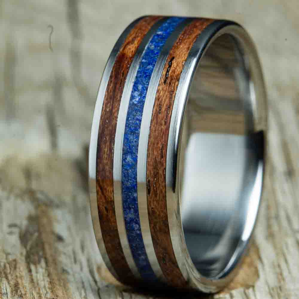 Bubinga and lapis wood inlay ring, polished titanium wood wedding band