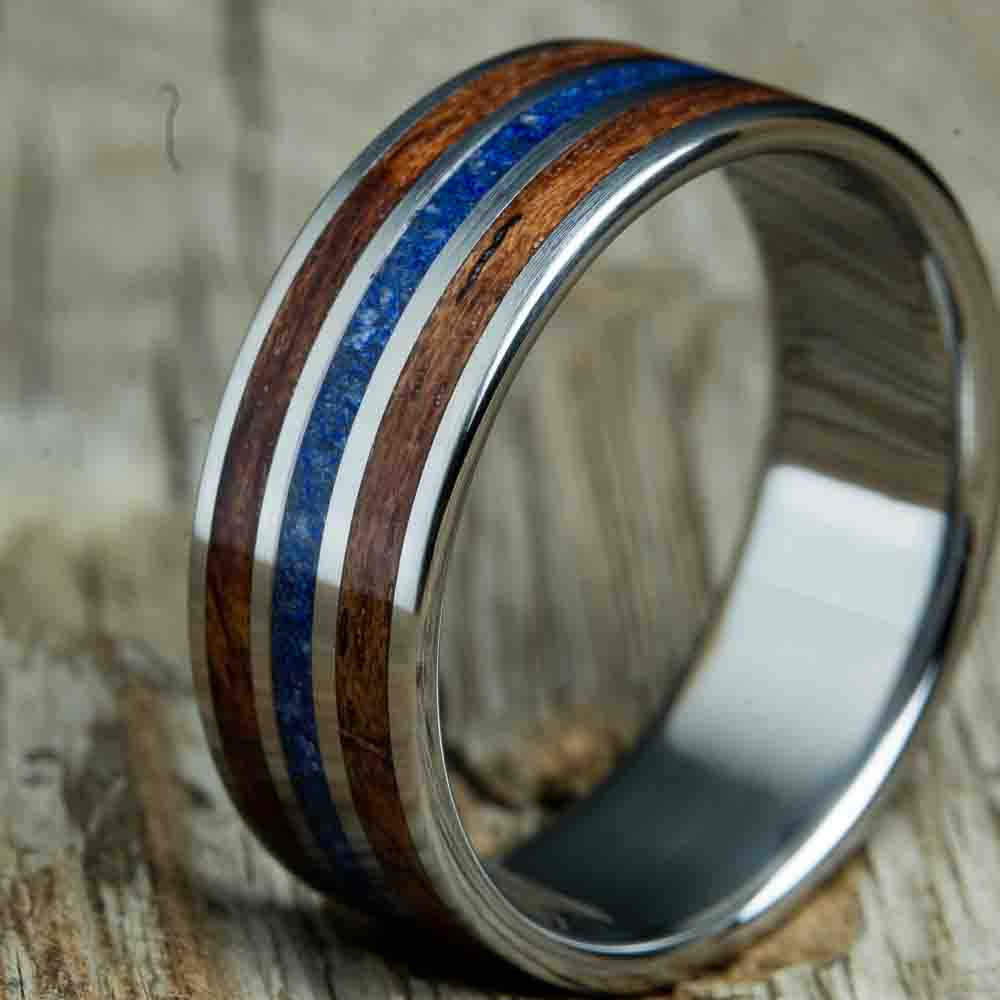 Lapis lazuli stone and Bubinga wood inlay ring