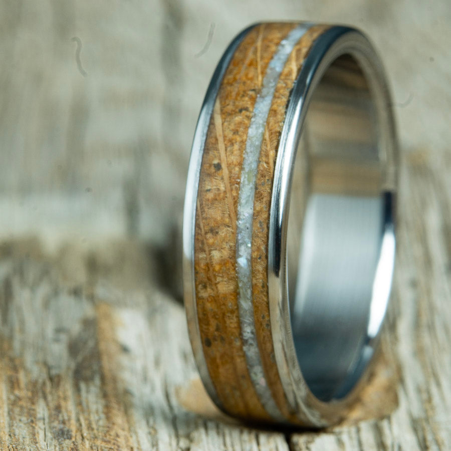 jameson whiskey barrel wood ring and pearl pinstripe ring