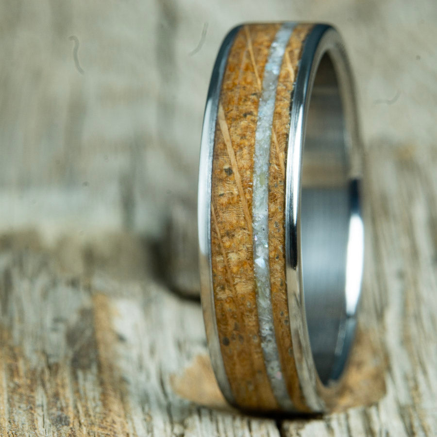 jamesone whiskey wood and polished titanium ring with mother of pearl