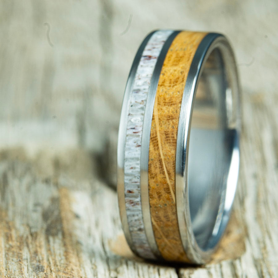 antler ring with whiskey barrel wood