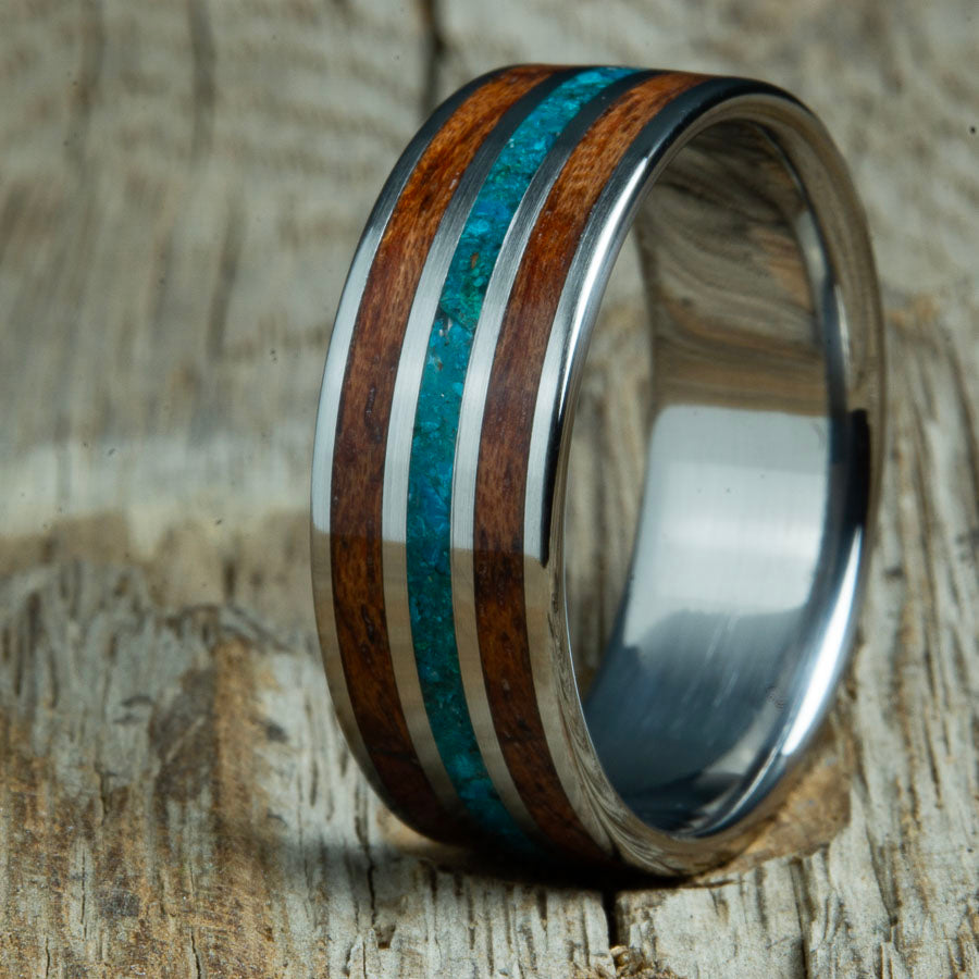 wooden ring with bubinga and chrysocolla, handcrafted mens wedding bands by Peacefield titanium.