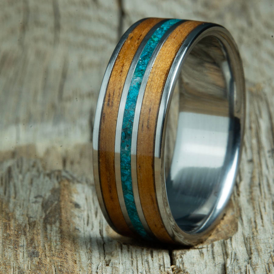 Koa wood wedding ring with chrysocolla stone. Handcrafted custom mens rings made by Peacefieldtitanium.com
