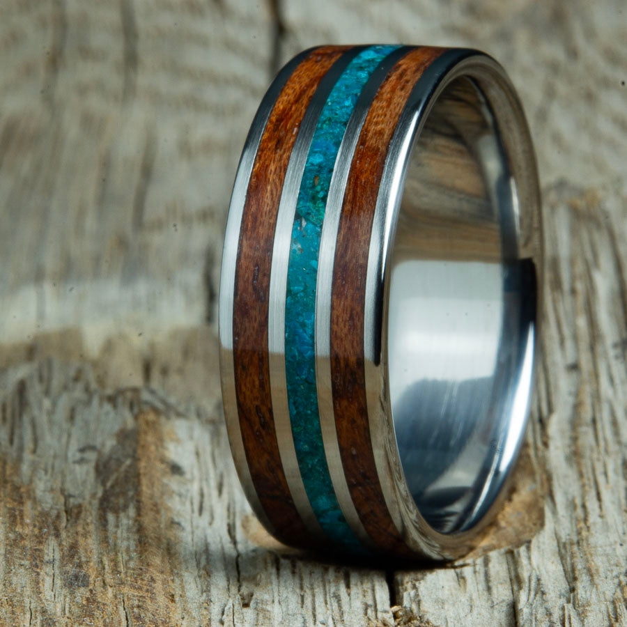 wooden ring with bubinga and chrysocolla, handcrafted mens wedding bands by Peacefield titanium.