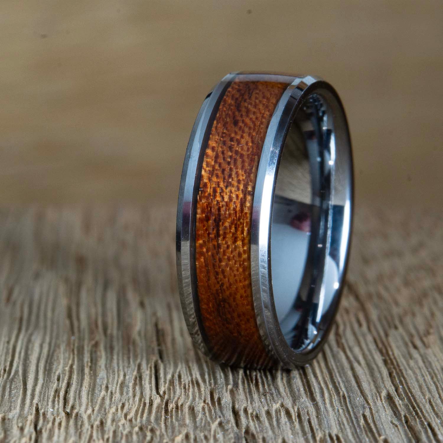"The Woodsman" wide inlay Tungsten ring with Acacia wood inlay