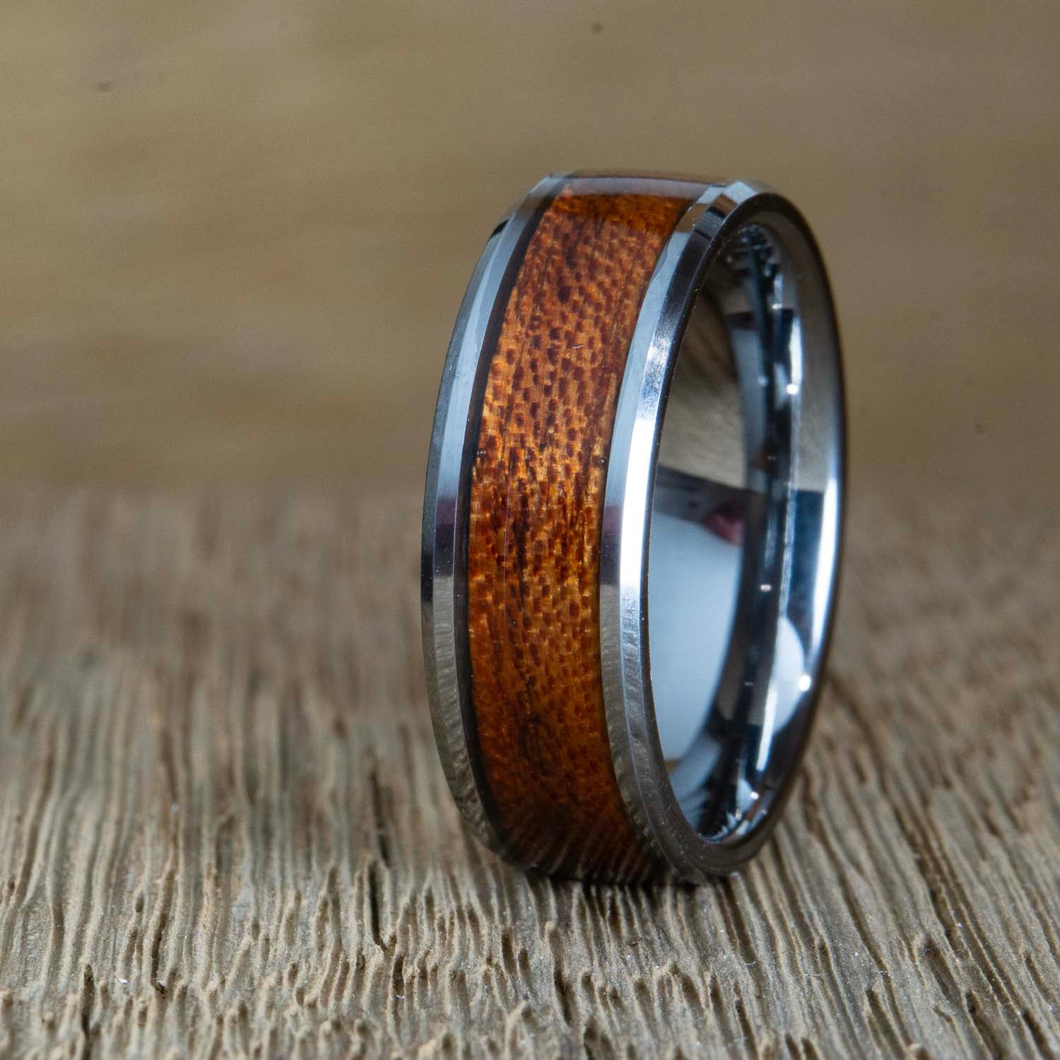 "The Woodsman" wide inlay Tungsten ring with Acacia wood inlay