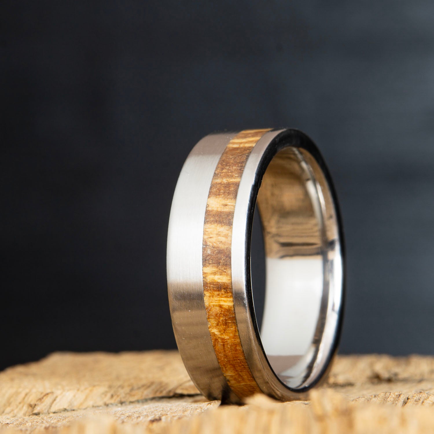 mens ring with oak burl wood inlay