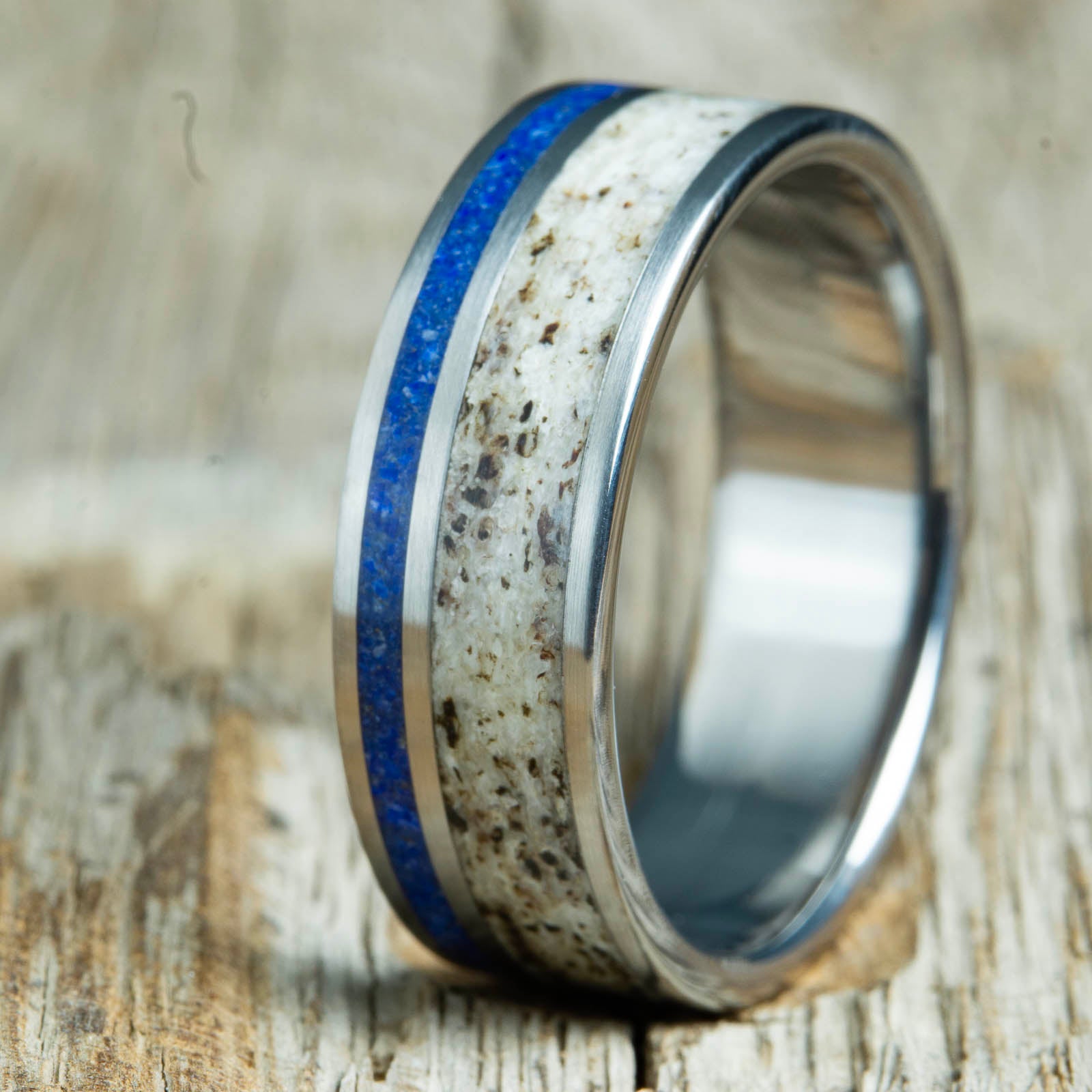 Antler ring with offset Lapis Lazuli inlay