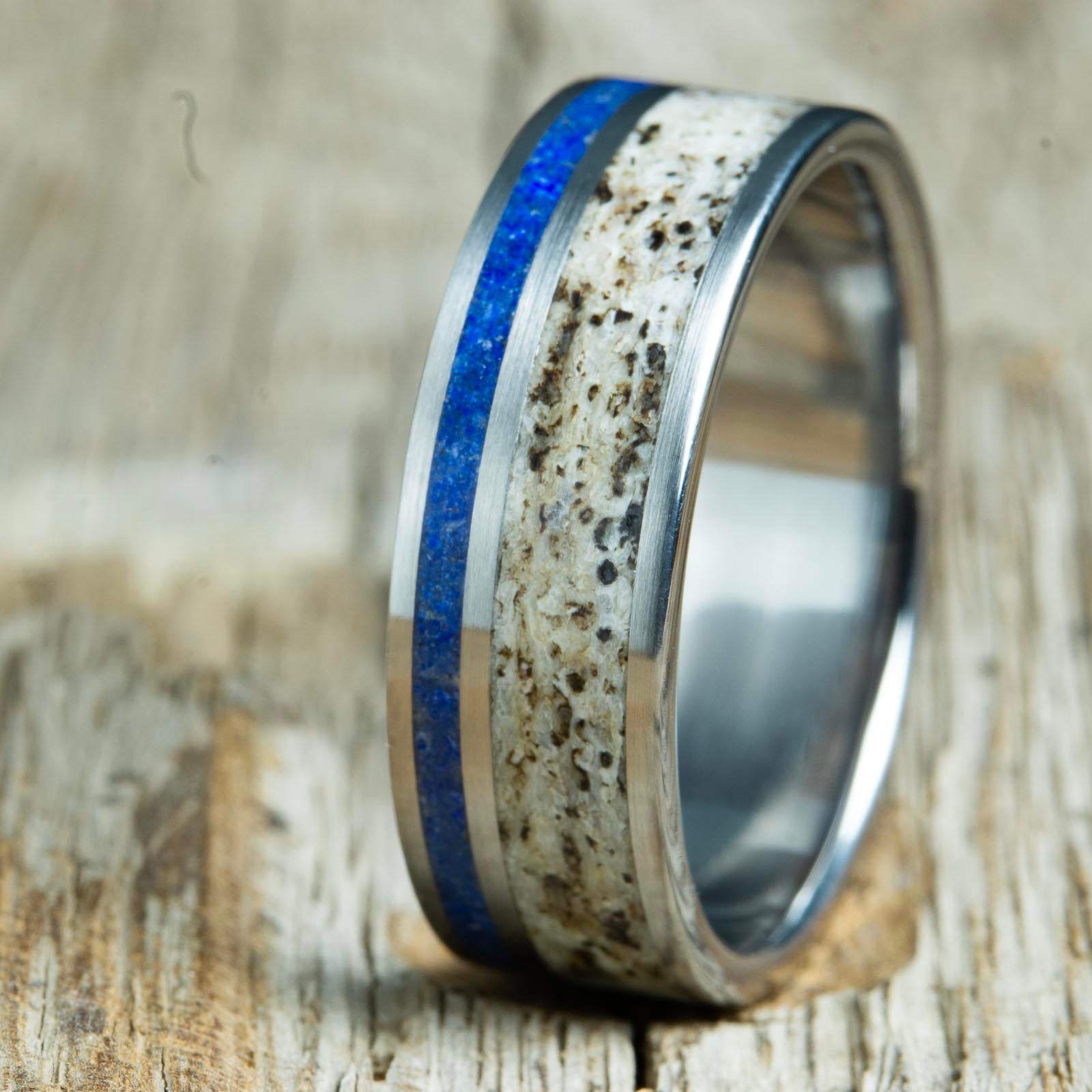 Antler ring with lapis stone pinstripe inlay on polished titanium