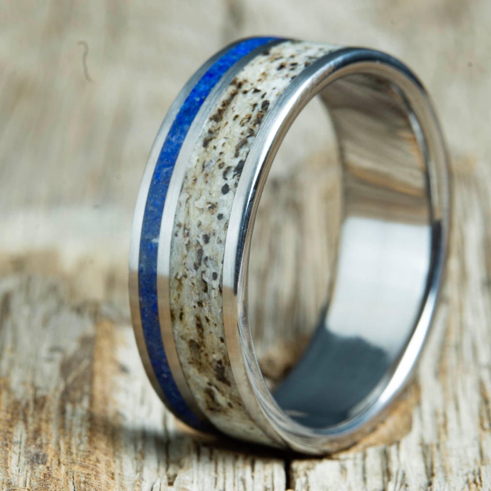 Antler ring with offset Lapis Lazuli inlay