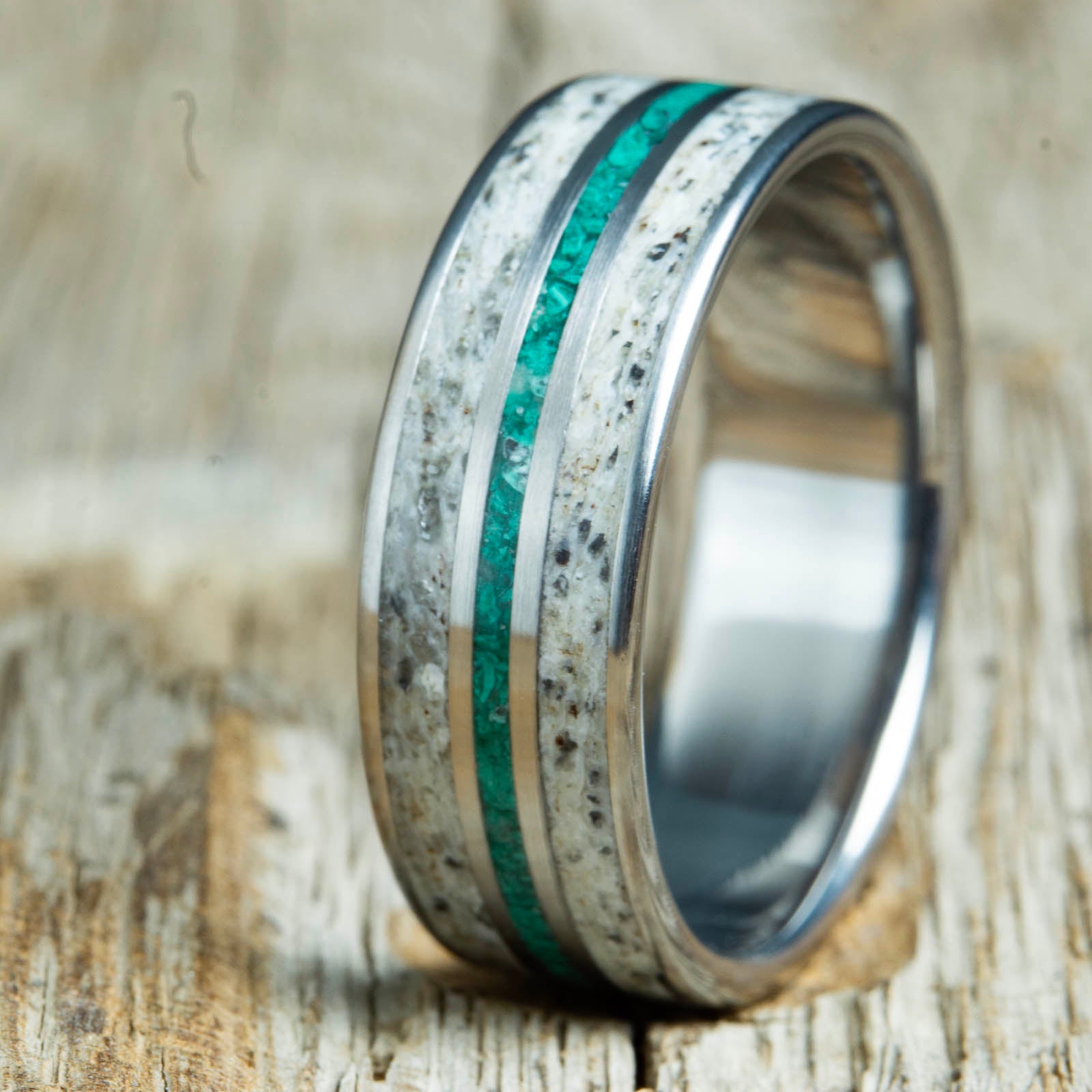 antler rings with malachite centered pinstripe ring made by Peacefield Titanium