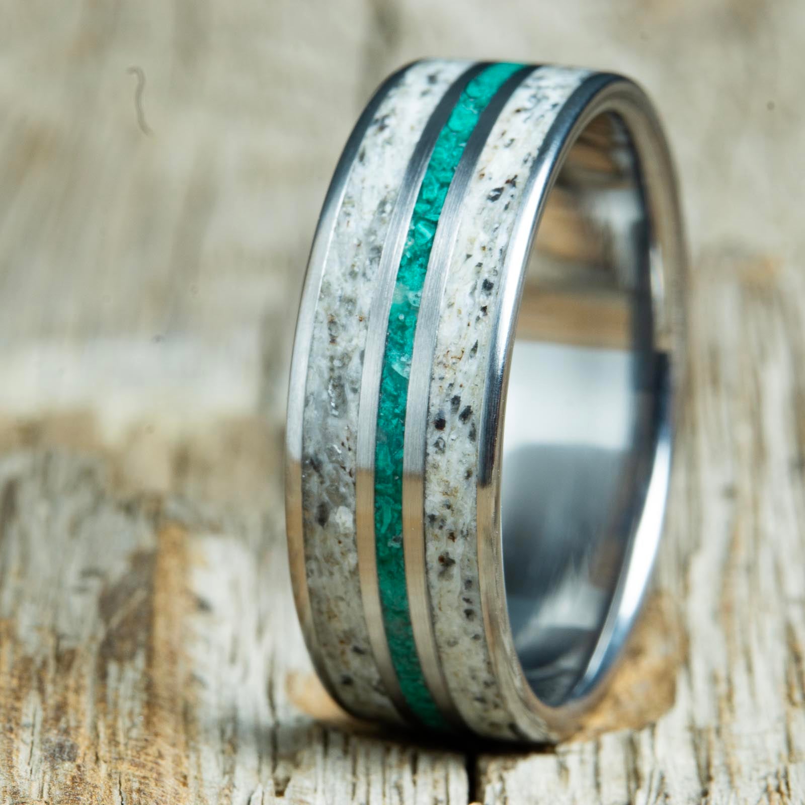Antler and malachite inlay ring with polished titanium ring