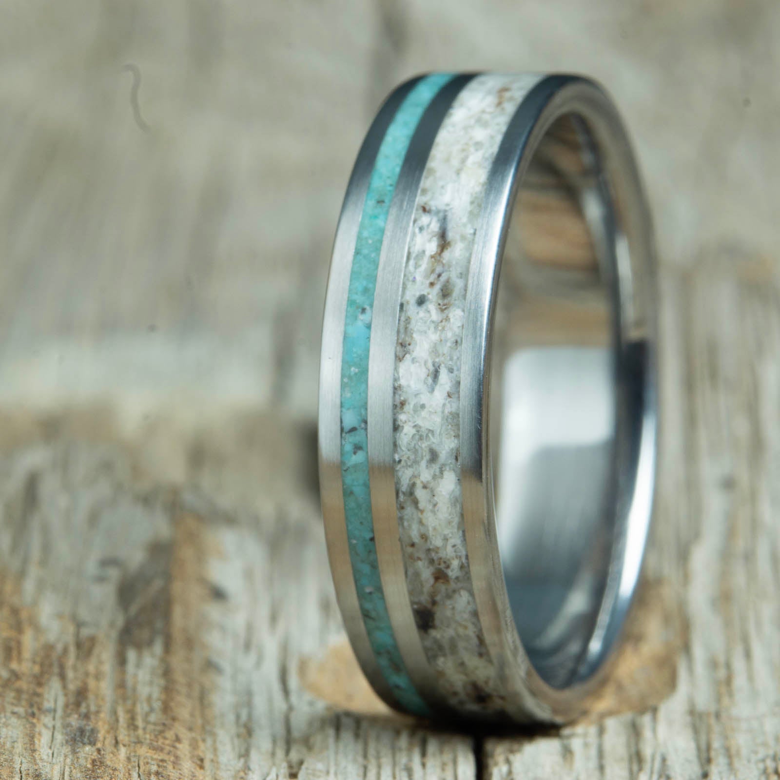 Antler ring with offset turquoise stone inlay