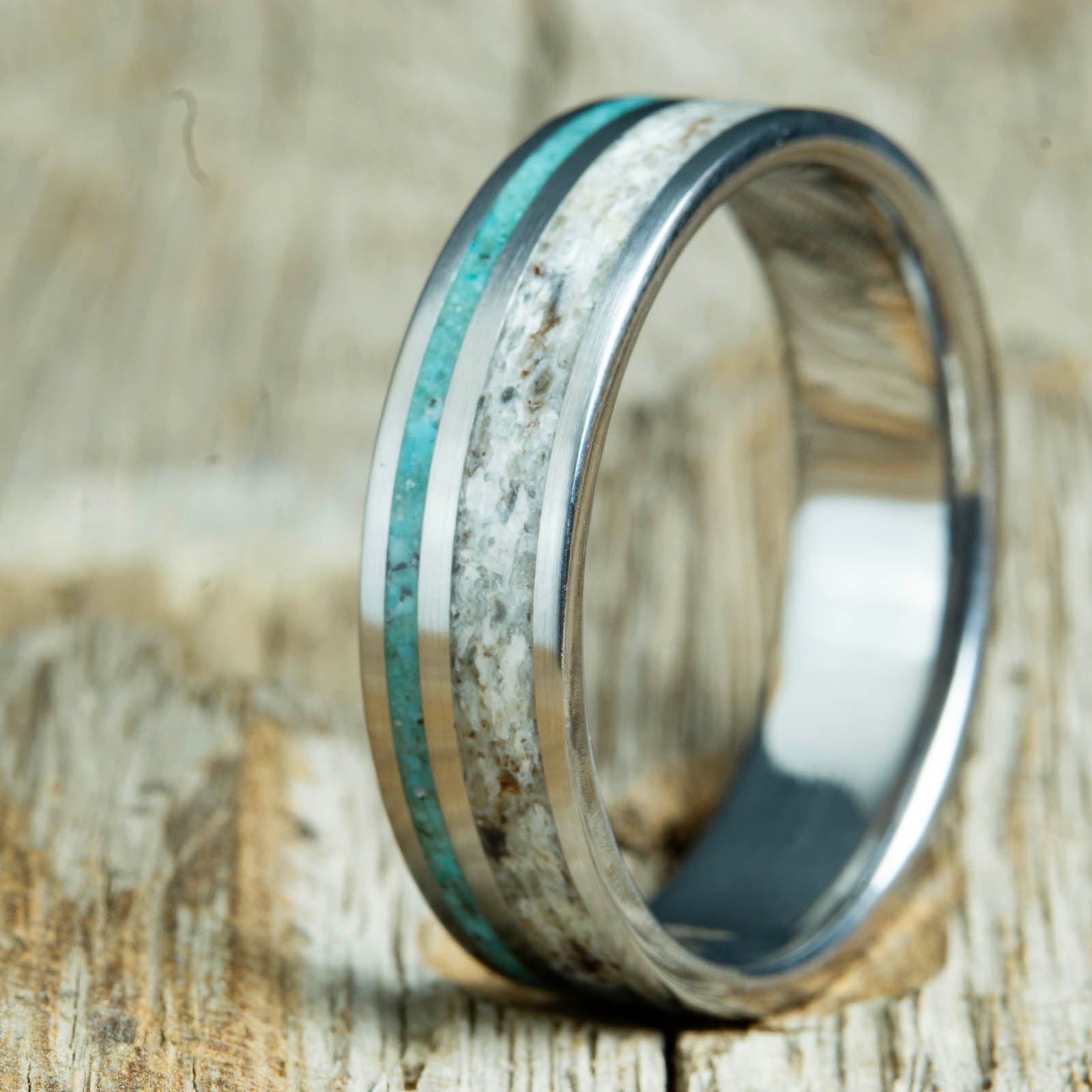 Antler ring with offset turquoise stone inlay