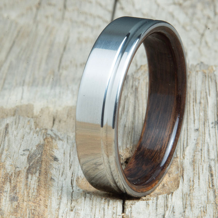 polished groove titanium and wood rings with Rosewood. Unique handcrafted titanium wood rings made by Peacefield Titanium