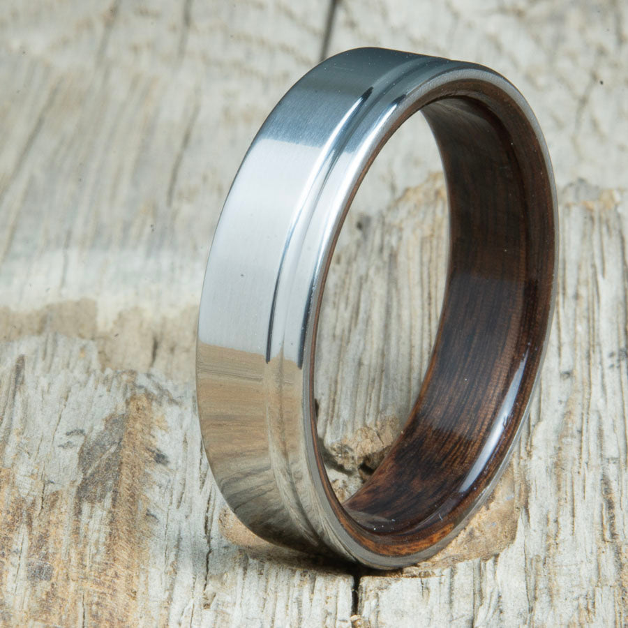 polished groove titanium and wood rings with Rosewood. Unique handcrafted titanium wood rings made by Peacefield Titanium