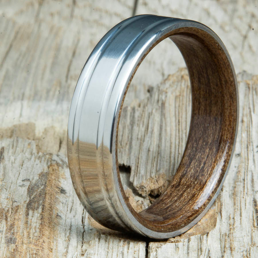 double groove polished titanium Walnut wood ring. Custom unique titanium wood rings made by Peacefield Titanium