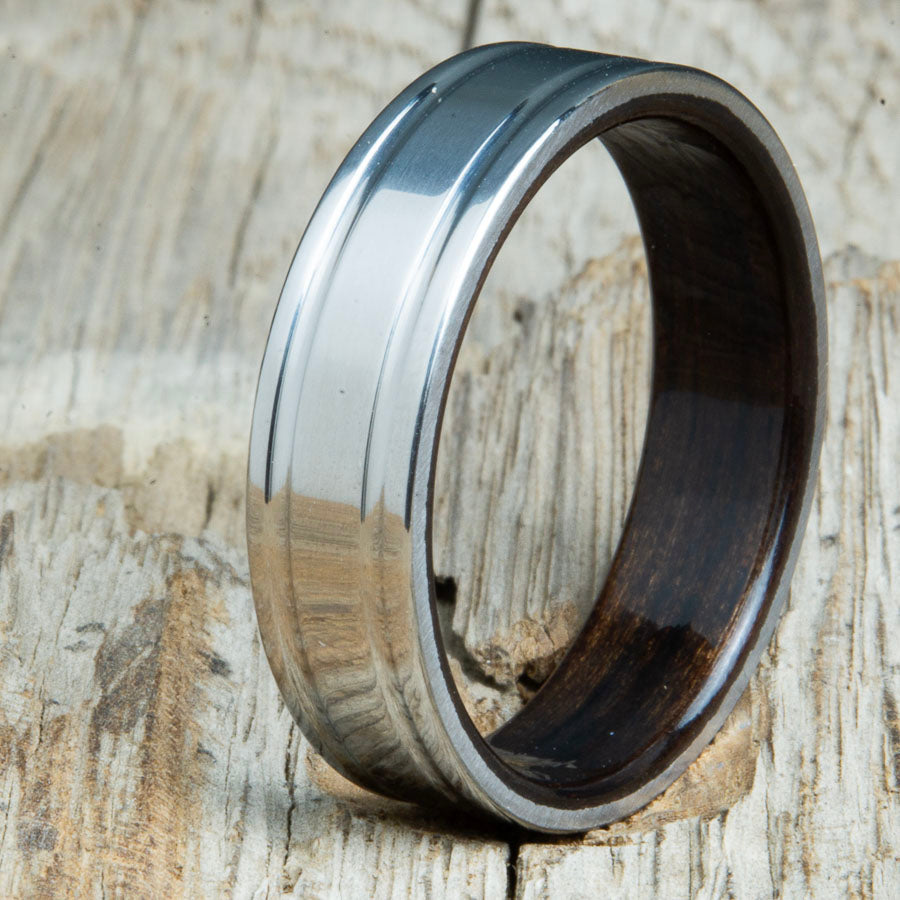 double groove polished titanium Ebony wood ring. Custom unique titanium wood rings made by Peacefield Titanium