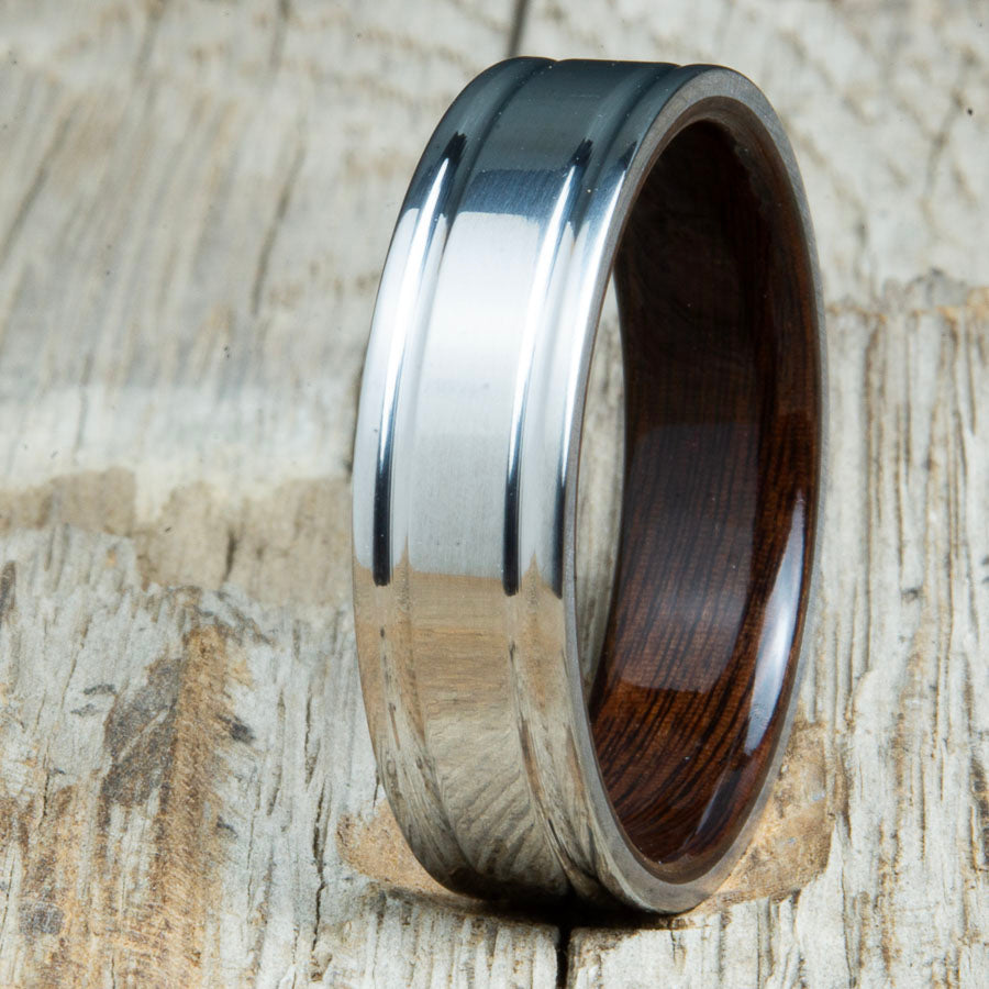 double groove polished titanium Rosewood wood ring. Custom unique titanium wood rings made by Peacefield Titanium