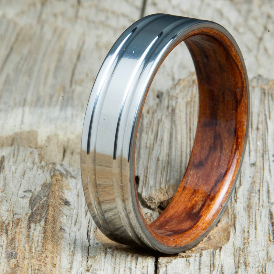 double groove polished titanium bubinga wood ring. Custom unique titanium wood rings made by Peacefield Titanium